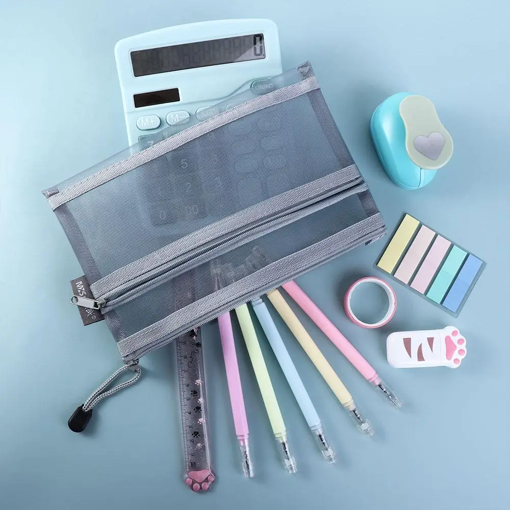 Box Office Large Capacity Nylon Pencil Case School Stationery Supplies File Folder Cosmetic Storage Bag Double Mesh Pencil Bag