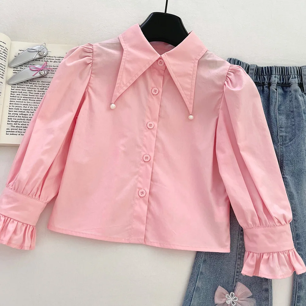 2025 الفتيات الخريف متماسكة مجموعة الوردي القلب سترة قميص الجينز 3 قطعة الزي الموضة 90-50 سنتيمتر