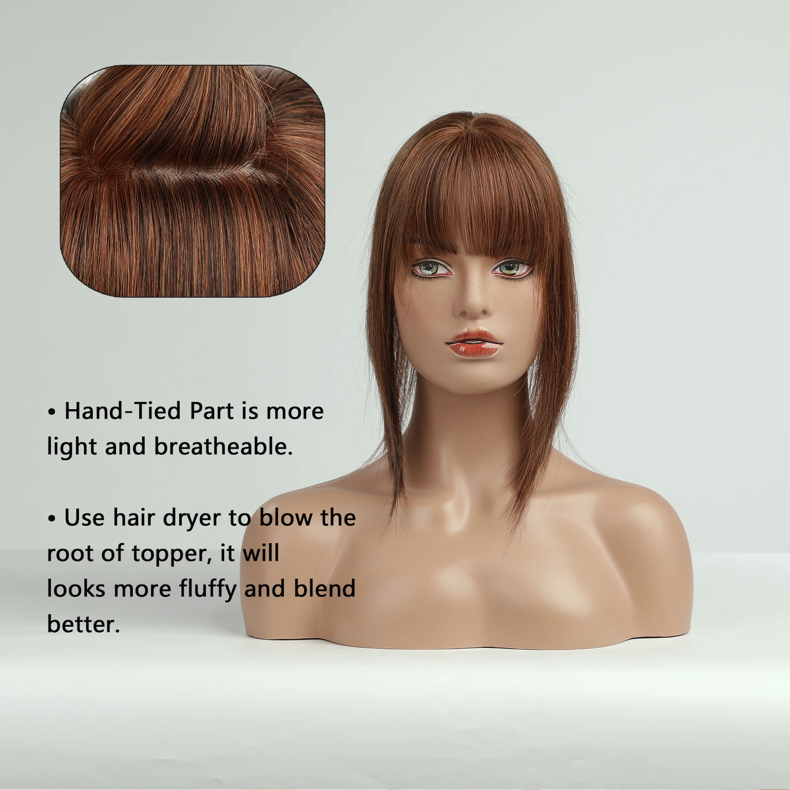 Red Brown Highlights Human Hair Topper for Women 14 Inches 100% Remy Human Hair Pieces in Silk Base Hair Extensions With 3 Clips