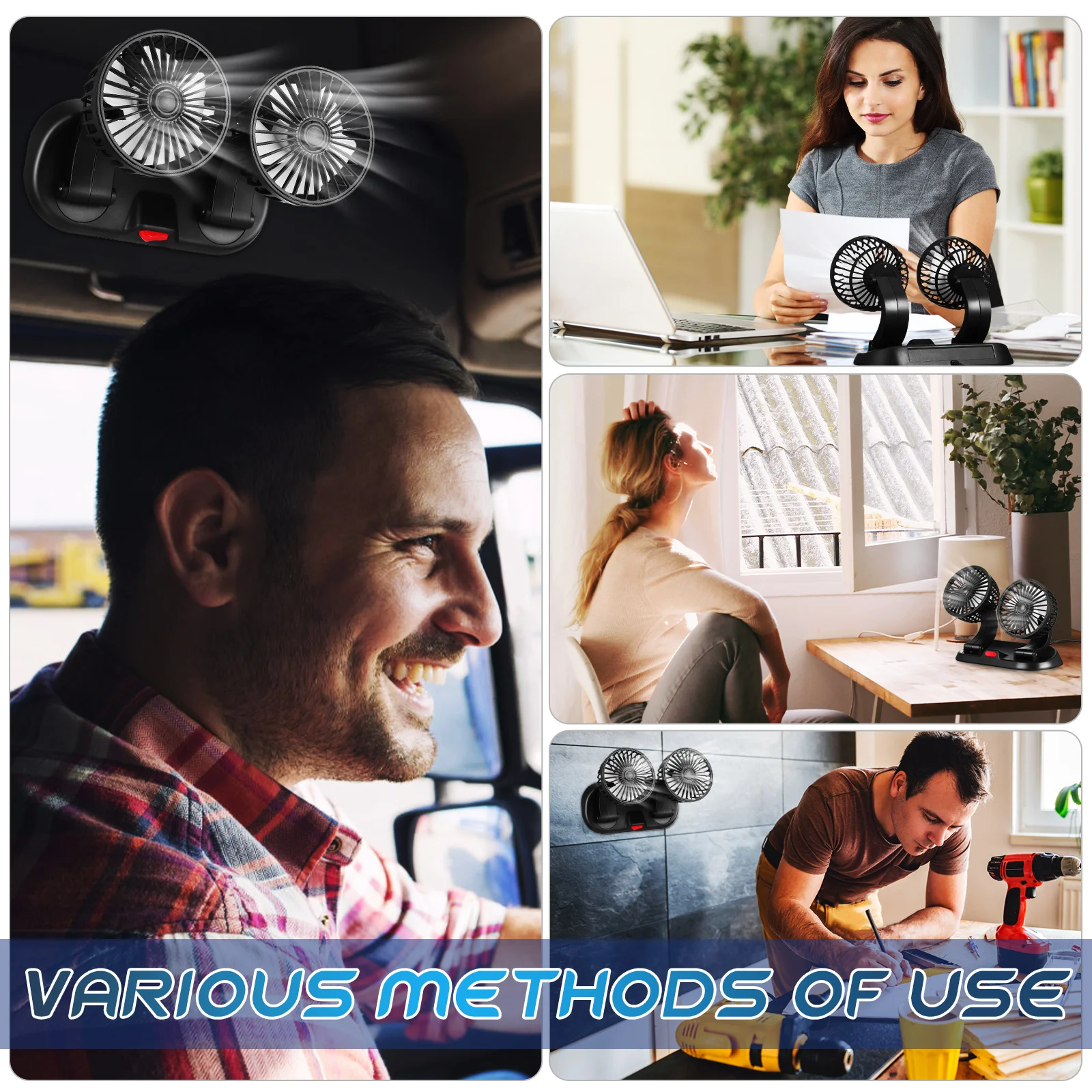 

Dual head Car Fan Foldable USB Charging Quiet Design Portable Mini Fans for Car Dashboard Cooling Backseat Travel
