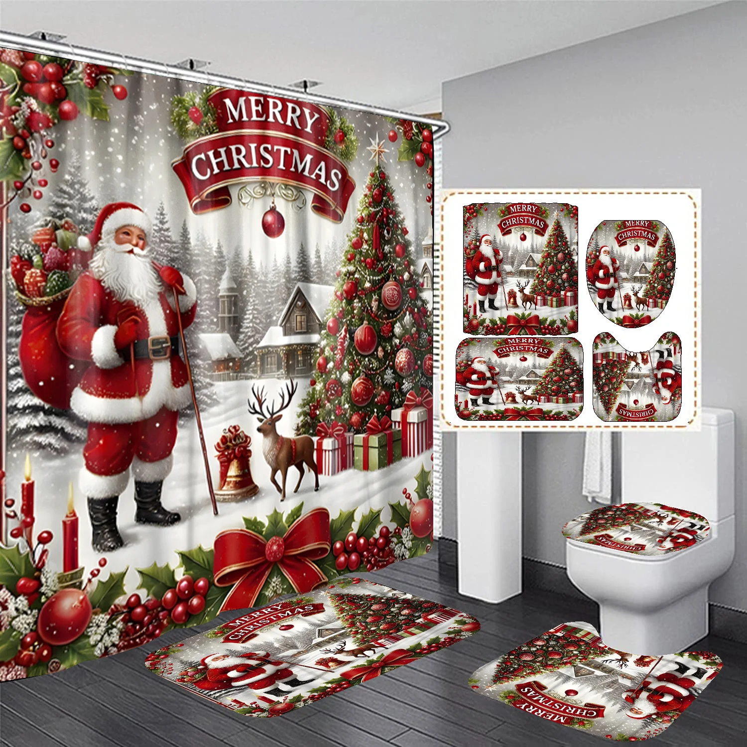 4PCS Santa Gift Print Christmas Shower Set – 12 Plastic Hooks Non-Slip Mat Toilet Lid Cover Bath Rug Holiday Bathroom Decor