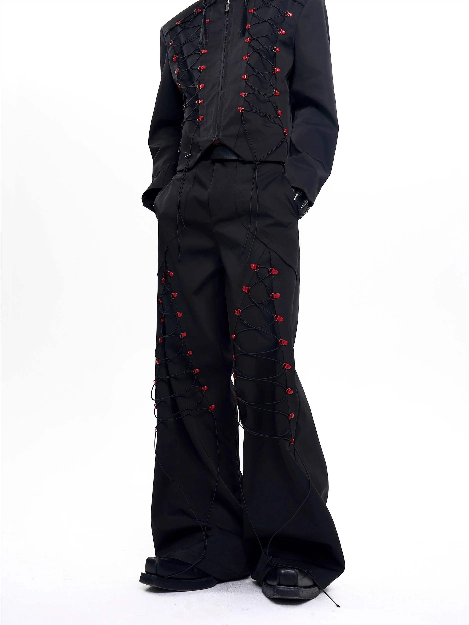 Men's 2025 Autumn New Two-piece Sets Male Trendy Rope Design Zipper Long Sleeve Jackets Trousers Male Loose Wide-leg Pants Sets