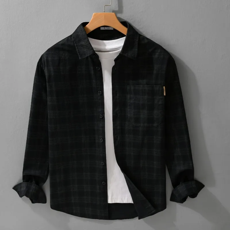 

2026, весенне-осенняя новая винтажная клетчатая рубашка из 100% хлопка, мягкая рубашка с длинными рукавами для мужчин, одежда с отложным воротником, универсальная уличная одежда