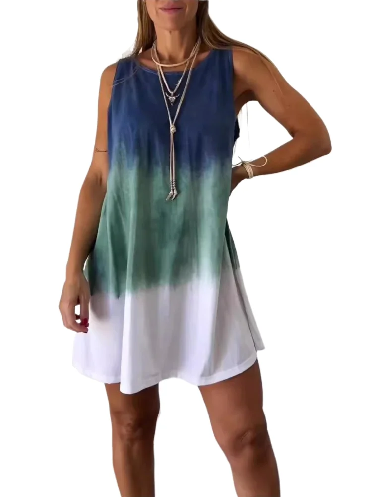 

Gradient Tie Dye Print Mini Dresses Women 2024 Summer New Fashion Loose O Neck Sleeveless Dress Trendy Streetwear Lady Vestidos