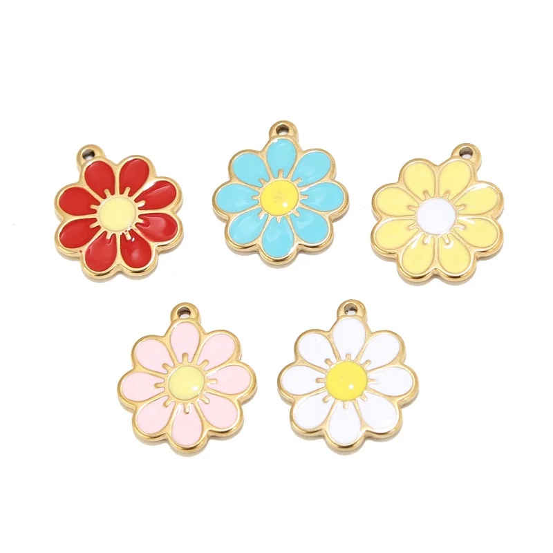 

5pcs Gold Plated Stainless Steel 19*22mm Multi-color Enamel Flower Charm Pendants for DIY Jewelry Making Findings Accessories