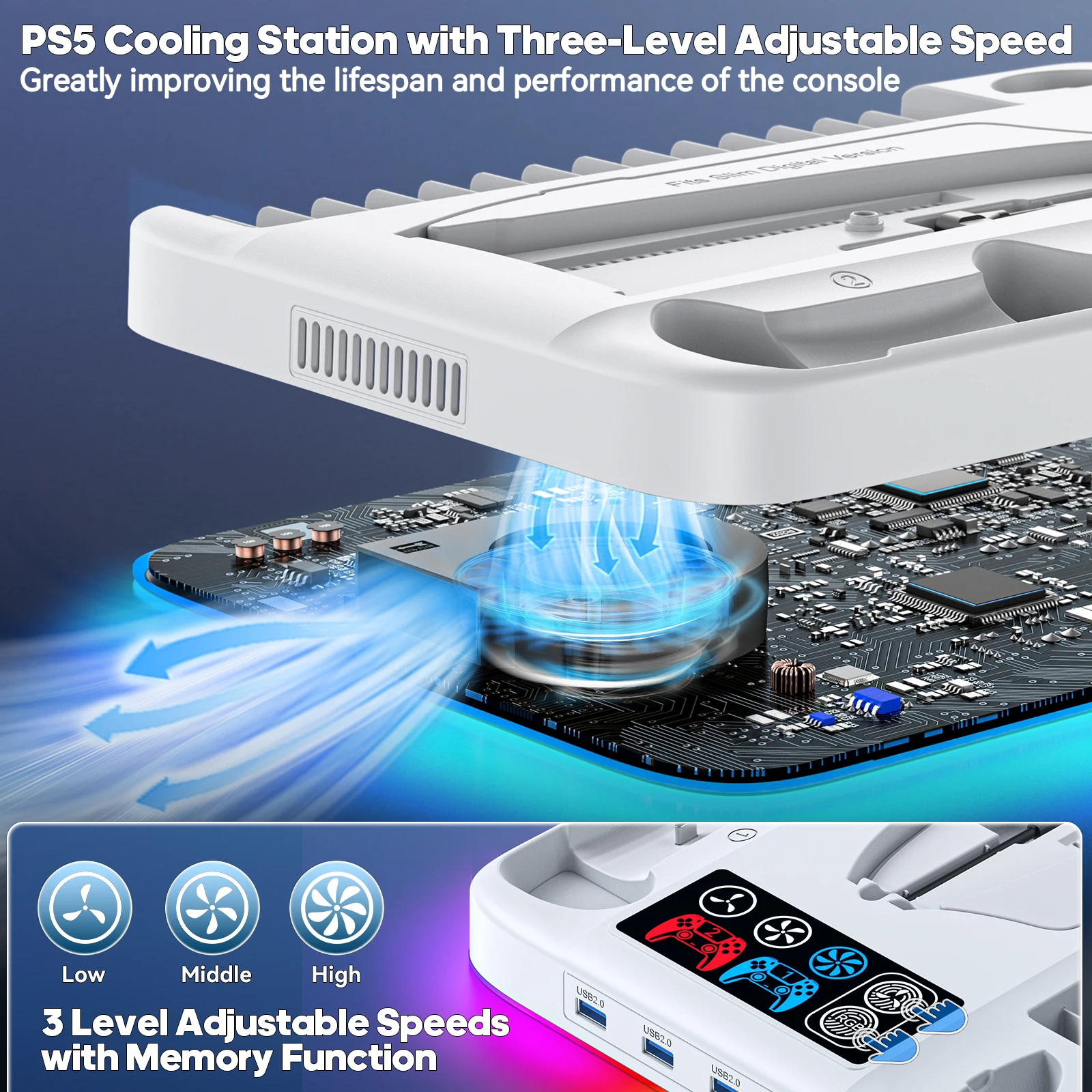 for PS5 Slim Stand With Dual Controller Charger Vertical Cooling Station Compatible with Playstation 5 Slim With Headset Holder