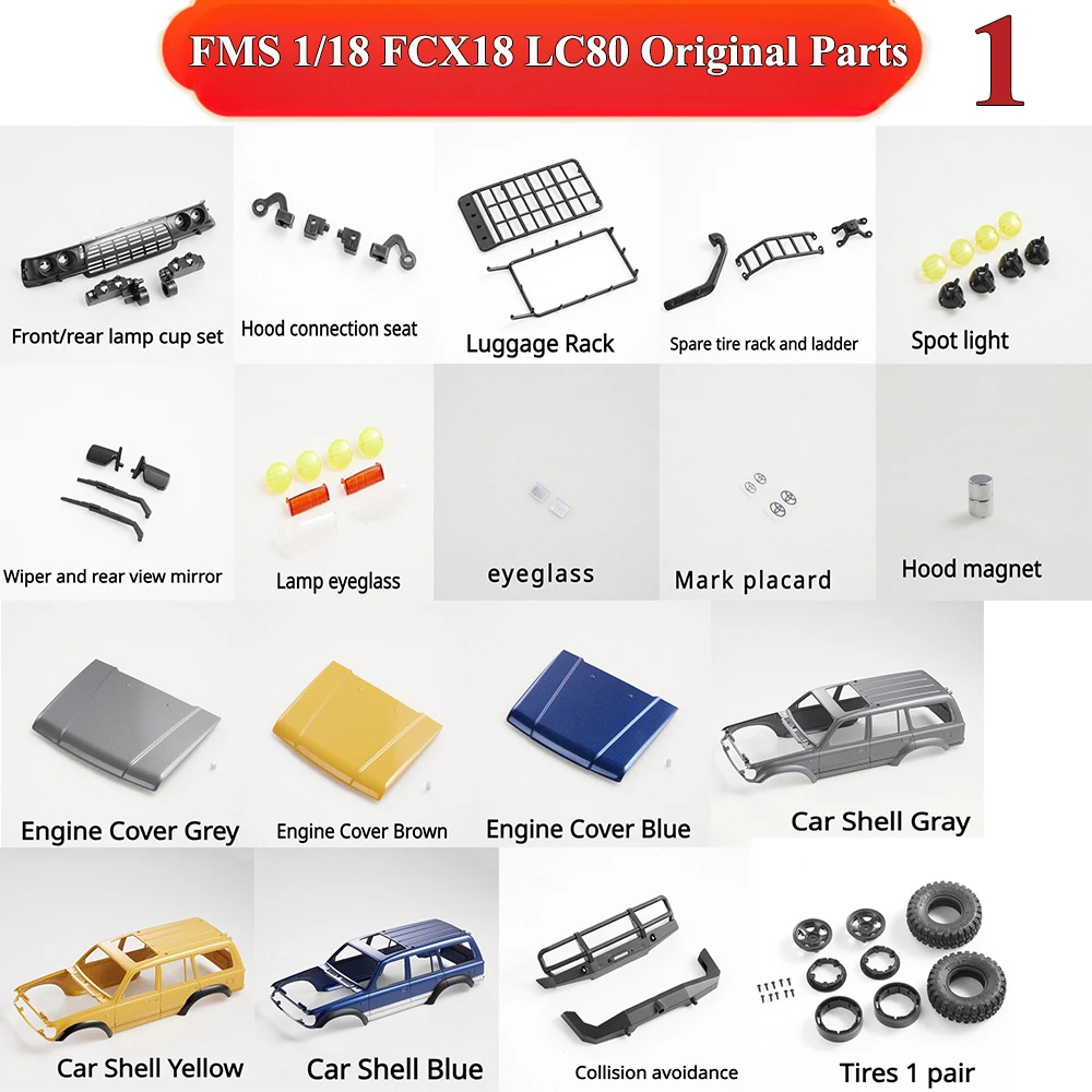 FMS 1/18 FCX18 LC80 RC Remote Control Car Original Parts Shell Door Rear View Mirror Wiper Lamp Eyeglass Car Shell Luggage Rack