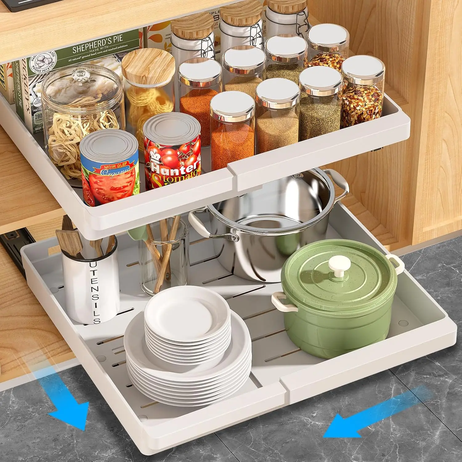 

2 Pack Pull Out Cabinet Organizers Expandable, Plastic Slide Out Drawers for Kitchen, Bathroom, Pantry, Under Sink Storage, P