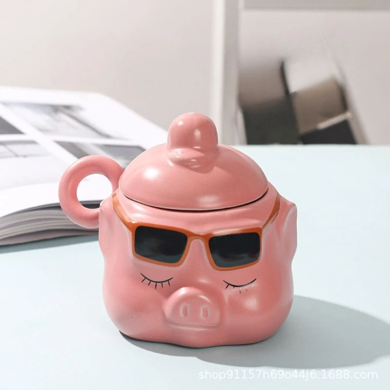 Creative Sunglasses Pig Ceramic Mug, Cute and Exquisite Coffee Mugs,High-value Birthday Gift Tea Cup, Office Breakfast Milk Cups