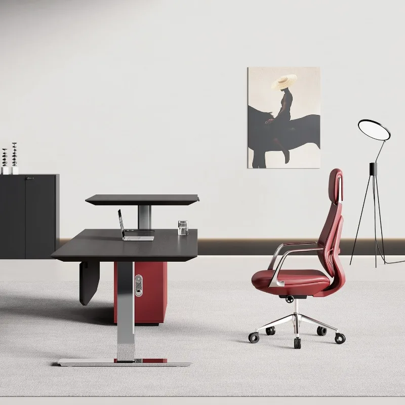 Electric lifting boss table, single black office desk and chair combination, high-end desk manager president table