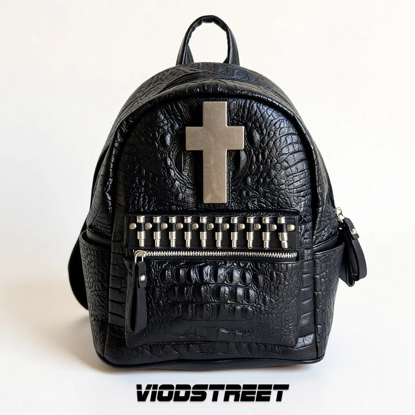 Black Punk Backpack Crocodile Pattern Cross Rivet Y2k Unique Schoolbag Original Designed Commuter Backpack
