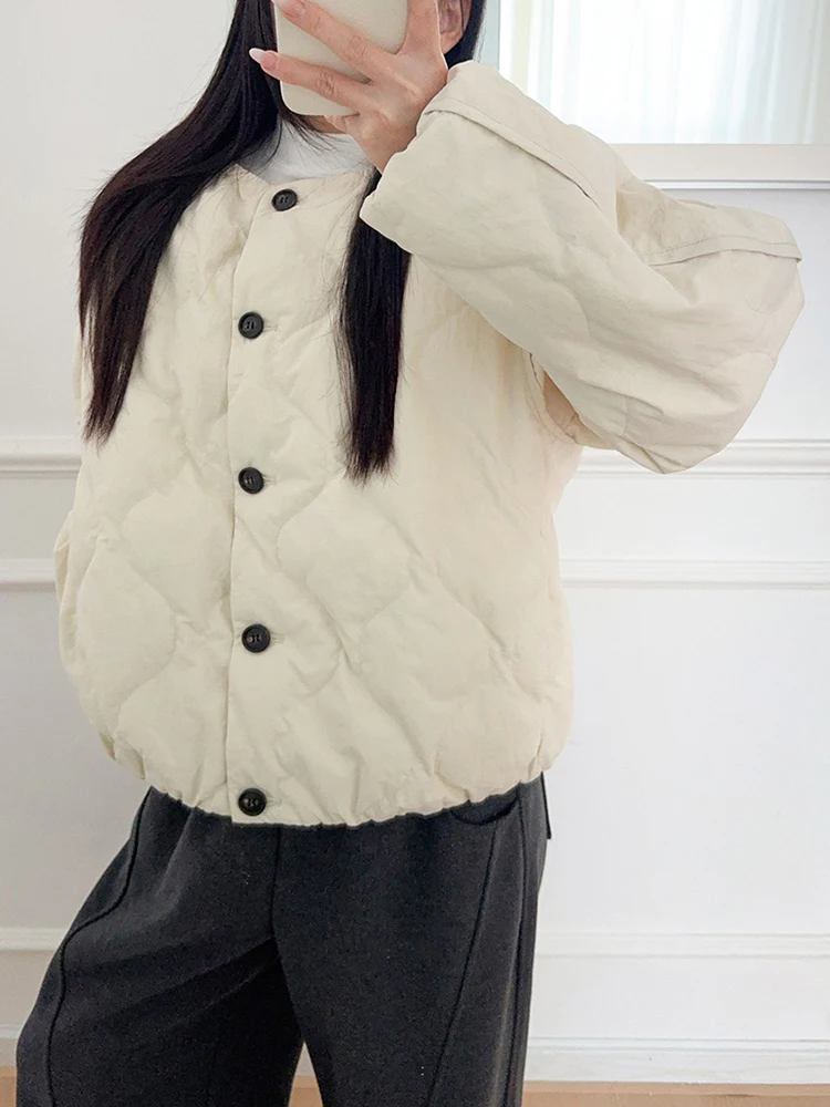 Beige Big Size Warm Down Jacket New Round Neck Long Sleeve Warm Women Parkas Fashion Tide Autumn Winter