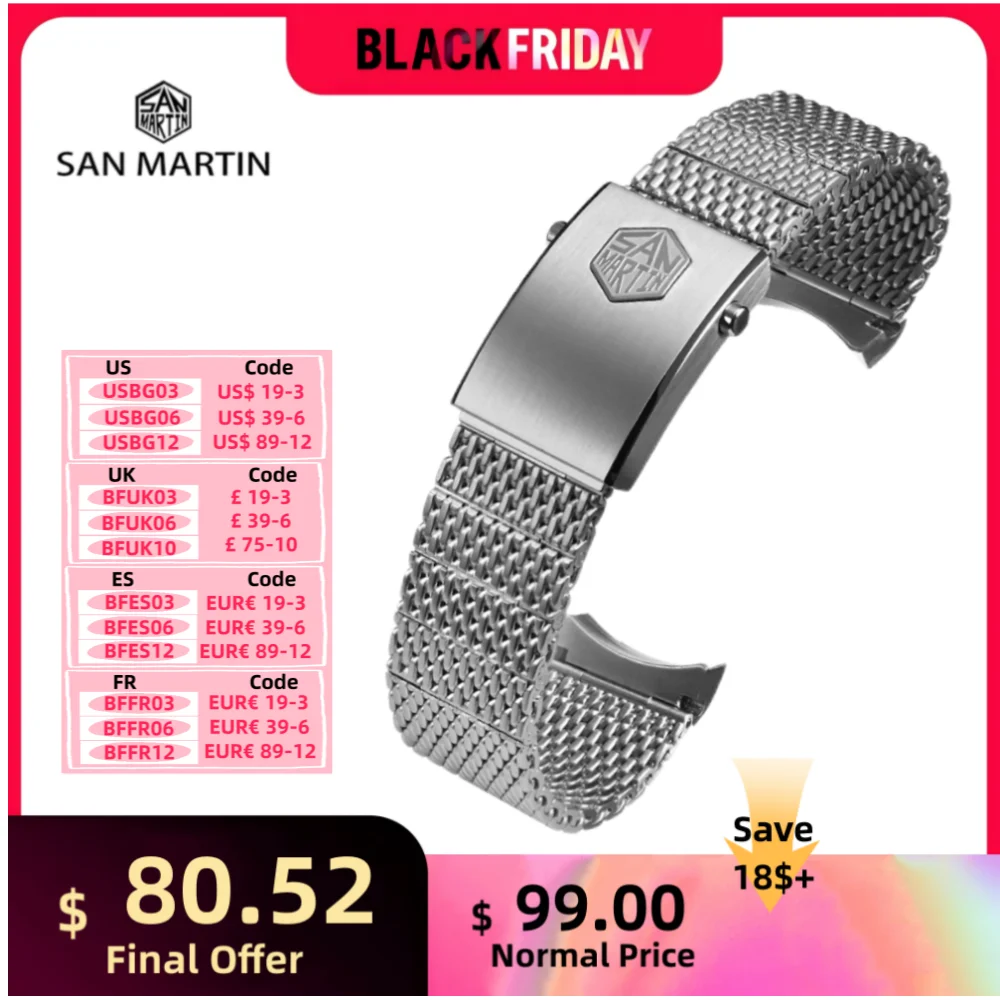 San Martin Flexible Milanese Mesh Bracelet 20mm Brushed Silver Steel Watch Band Fly Adjust Foldover Clasp SN0054F Luxury Classic