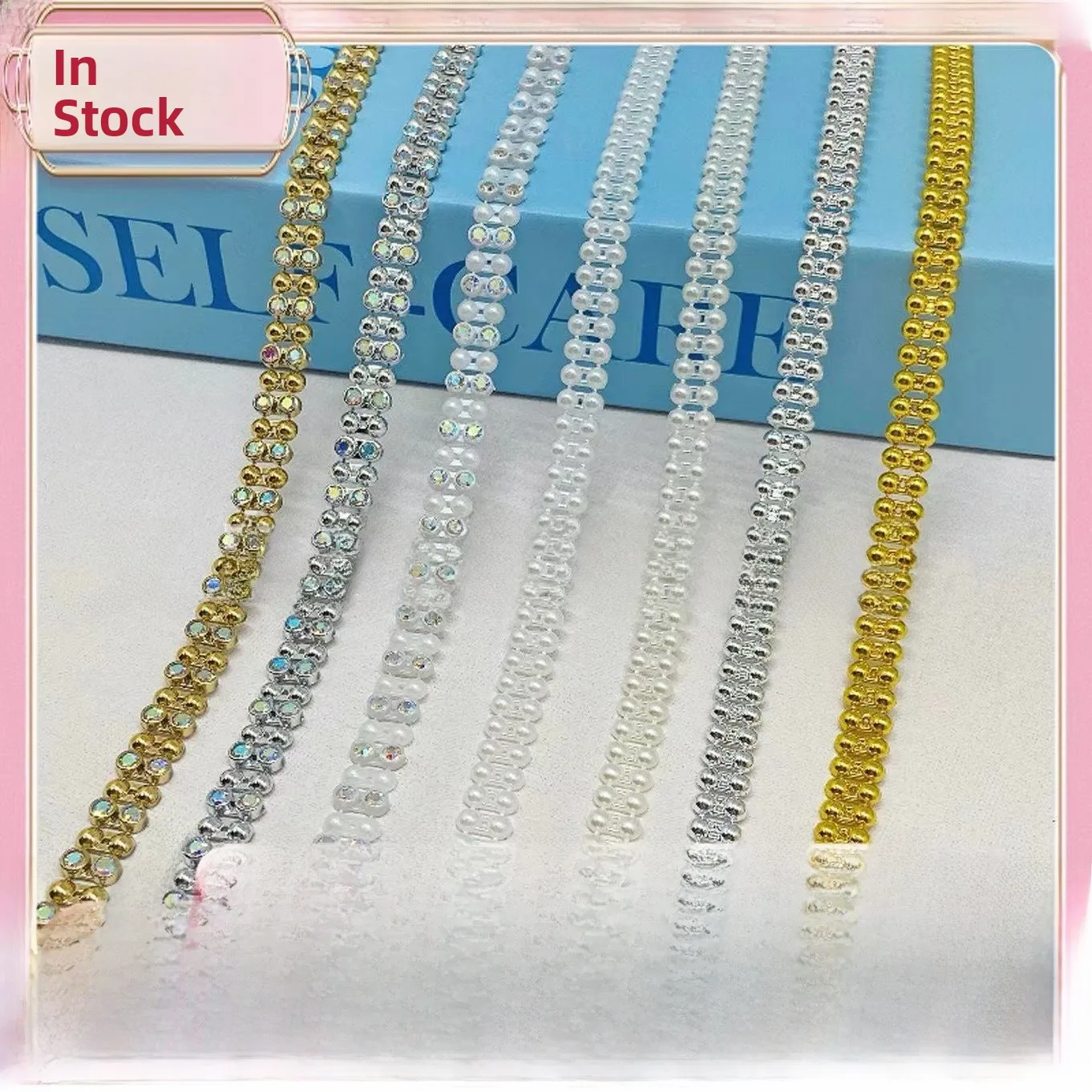 

White Double Row Bead Diamond Chain DIY Headwear Accessories Handmade Fan Material Gold Half Circle Bead Lace Decoration