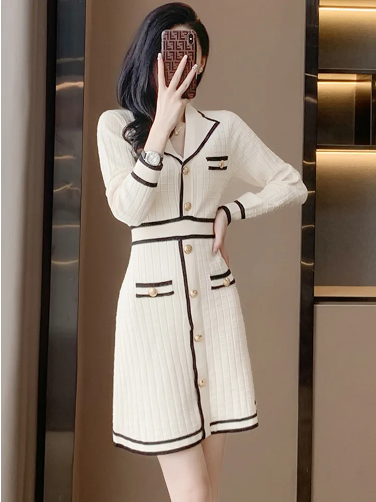 New Autumn And Winter Office Lady Sweater Short Skirt Casual Fashion V-Neck Button Collar Waist Knitted Wrapped Hip Female Dress