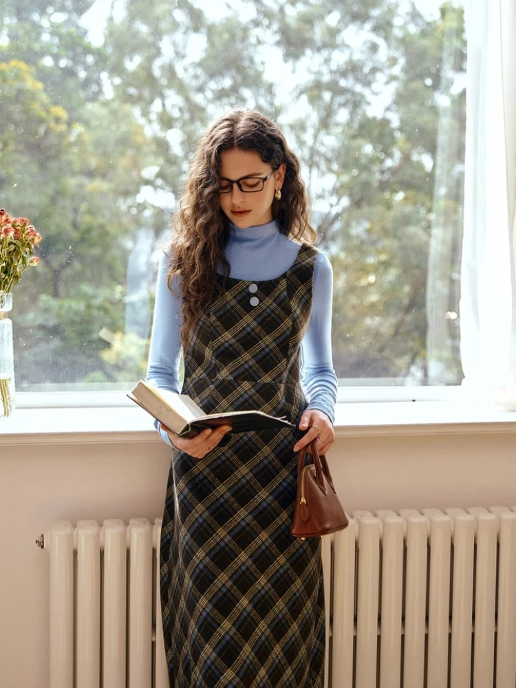 OLrain Women's Retro Check Set Autumn 2025 New Design Navy Blue Half-Turtleneck Top High-Slit Dress O57QE001180