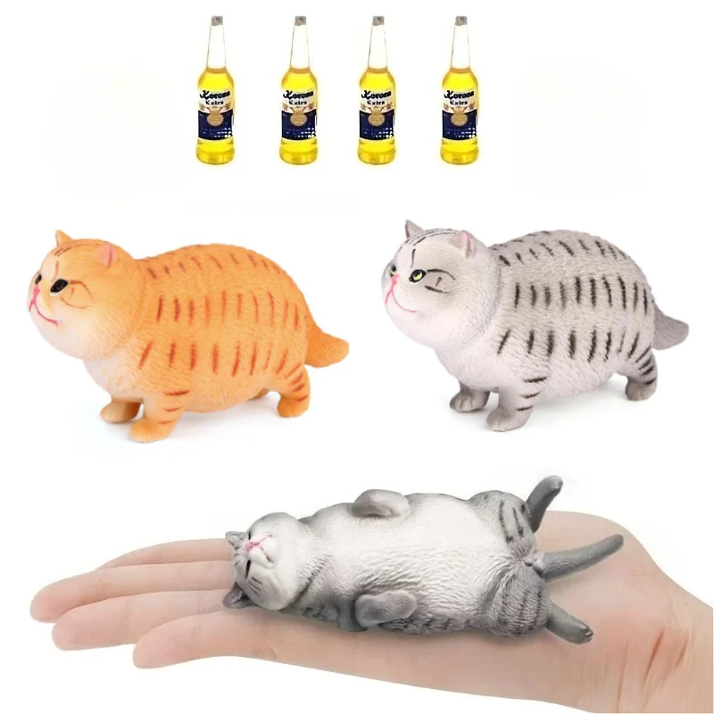 Drunk Cat Miniature Figurine Set Laying Flat Cat with Beer Bottles Funny Resin Car Dashboard & Desk Decor Gift for Pet Lovers