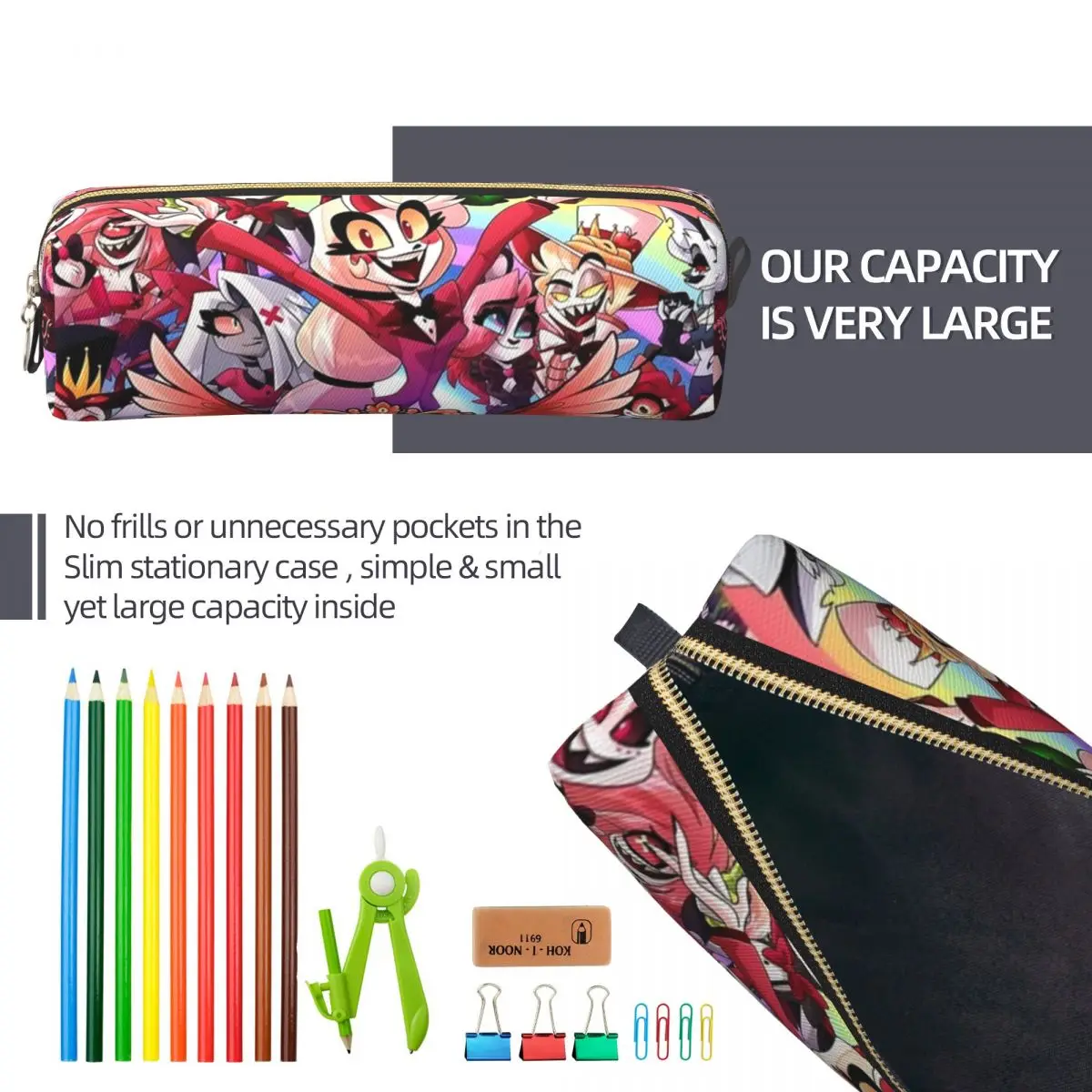 مقلمة كوميدية كرتونية عصرية من Helluva Boss حقائب أقلام رصاص للفتيات والأولاد ذات سعة كبيرة حقائب أقلام رصاص بسحاب للمدرسة