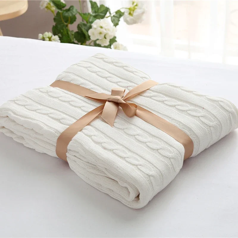 High Quality 100% Cotton Blanket Handmade Soft Knitted Solid Color Plaid Throw Blanket on Sofa Bed Plane Warm Bedspreads Gift