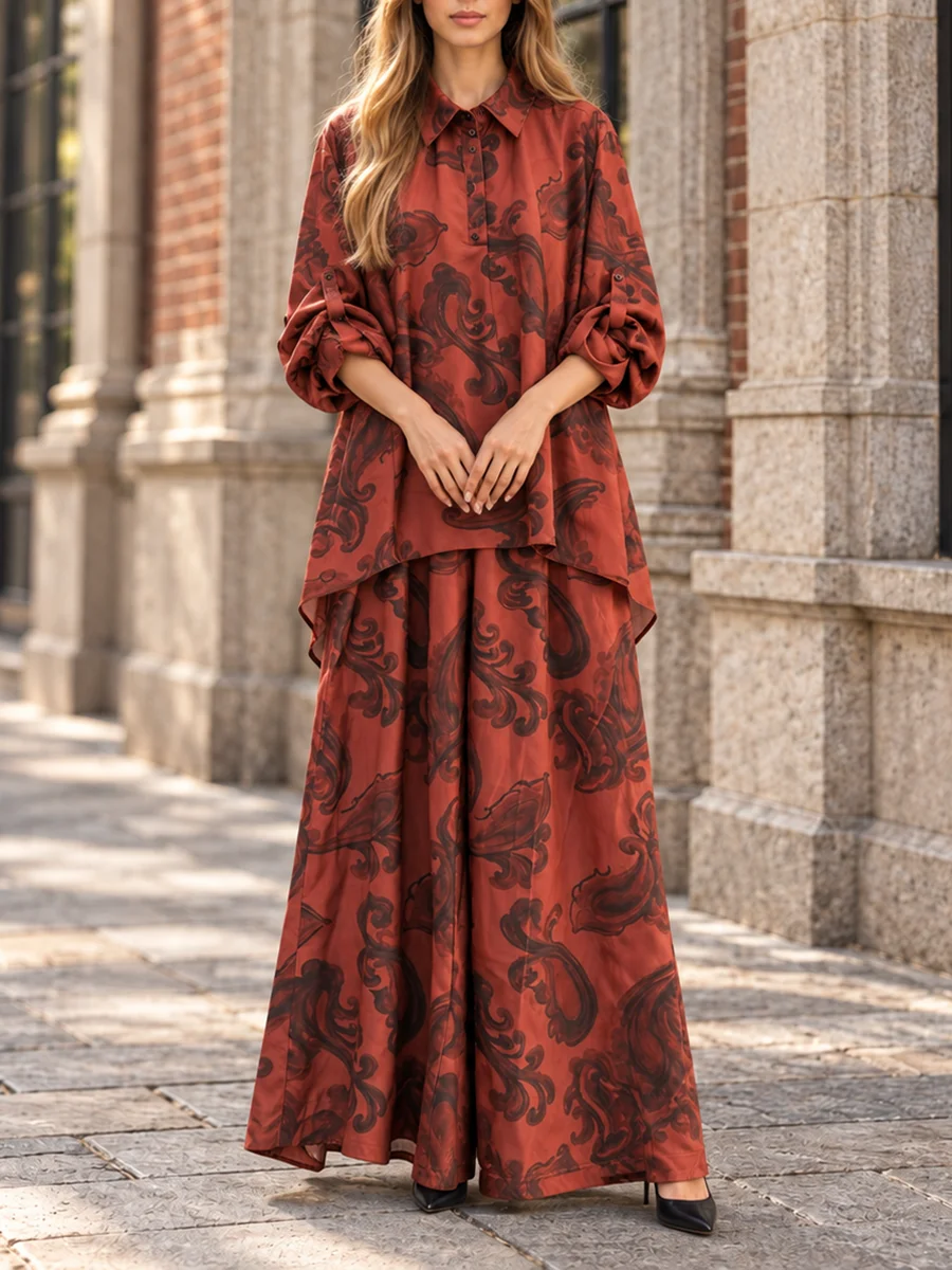 VGH Leisure Paisley Print Shirt Collar Roll Tab Long Sleeve 2 Piece Set for Women Loose Top Wide Leg Maxi Pants for Casual Wear