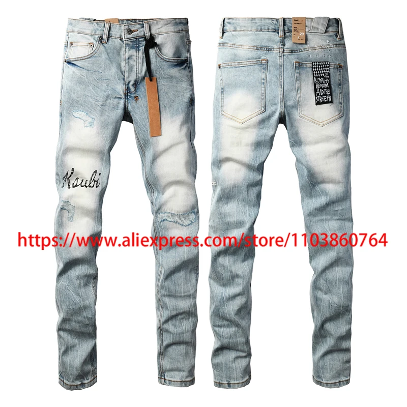 

New Arrival Ksubi Ripped Jeans High Street Trend Men Women Casual Logo Print Light Blue Cross Slim-fit Jeans