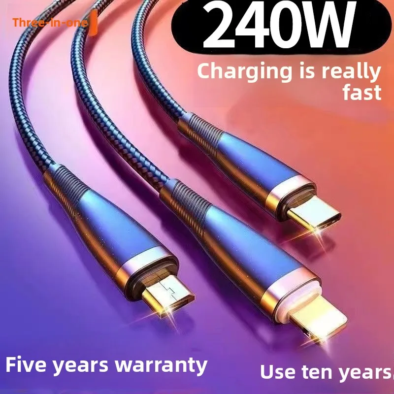 200W 초고속 충전 데이터 케이블, 3-in-1 충전 케이블 (1-to-3), 아이폰 17, 화웨이, 오포, 아너 호환