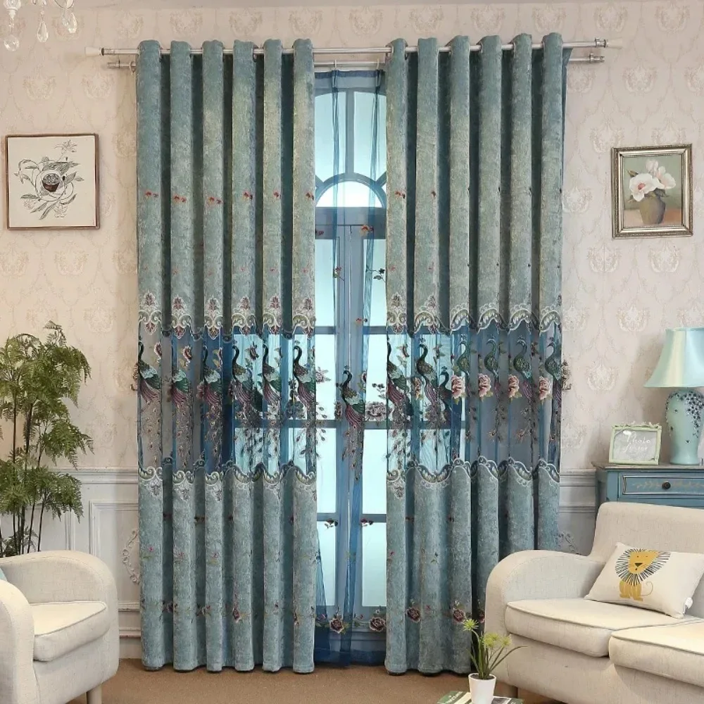 Korean Fashion Trend Curtains for Living Room Bedroom Dining Room Cashmere Embroidered Blue Peacock Hollow Out Shading Curtains