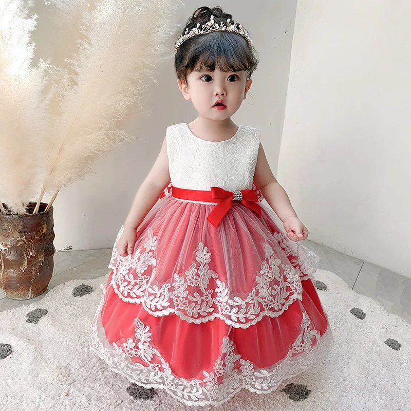 Lovely Lace Printing Layered Bow Princess Flower Girl Dress Wedding Party Ball First Communion Dresses Dream Kids Birthday Gift