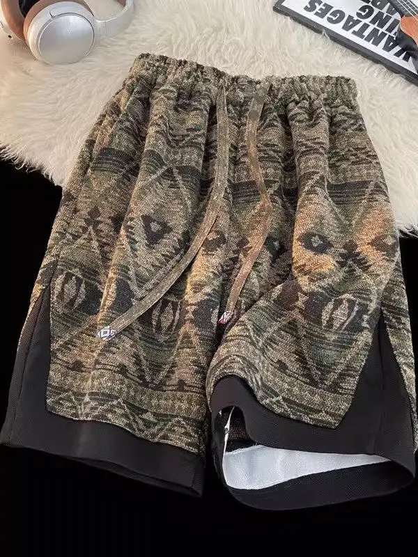 

Summer Casual Knitted Floral orts for Men Outerwear Large Size Plaid Breathable Five-Point Pants Retro Sle Polyester Fiber