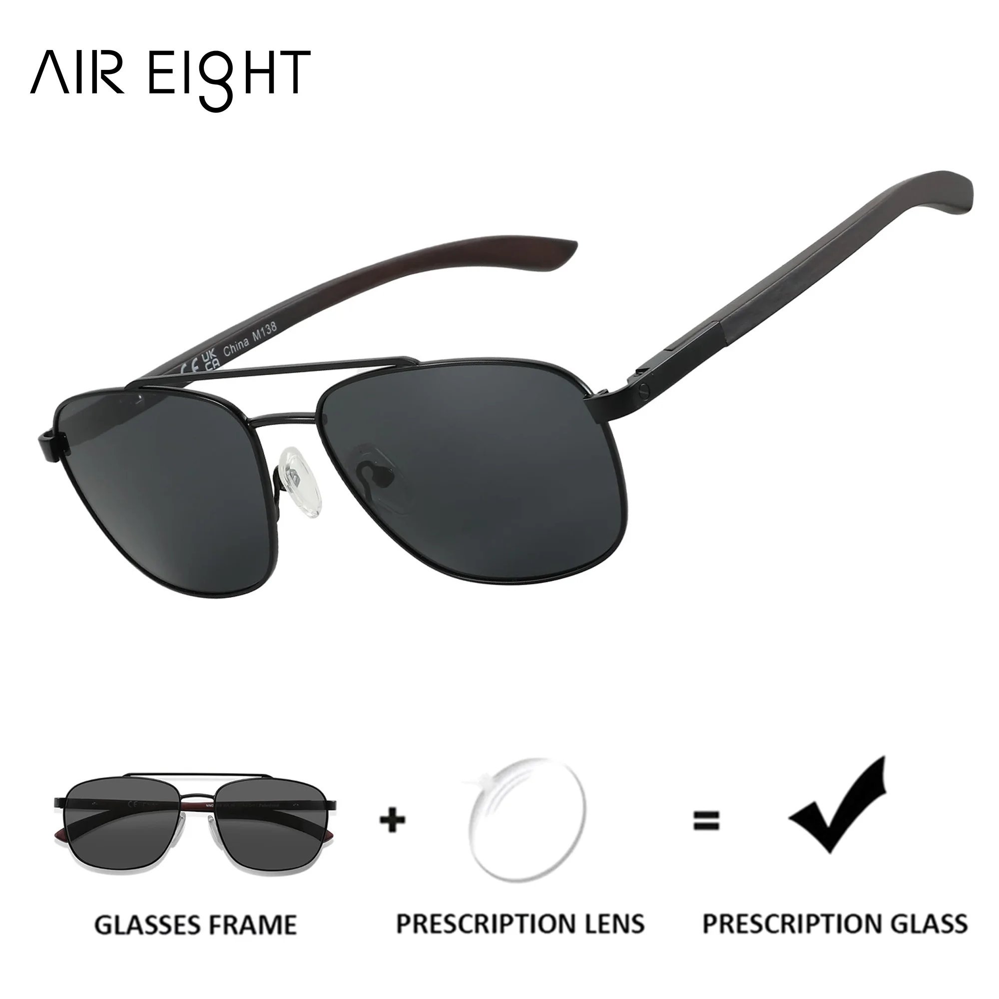 AIR EIGHT Pilot Prescription Sunglasses For Men Wood Temples Polarized UV400 Outdoor Eyewear