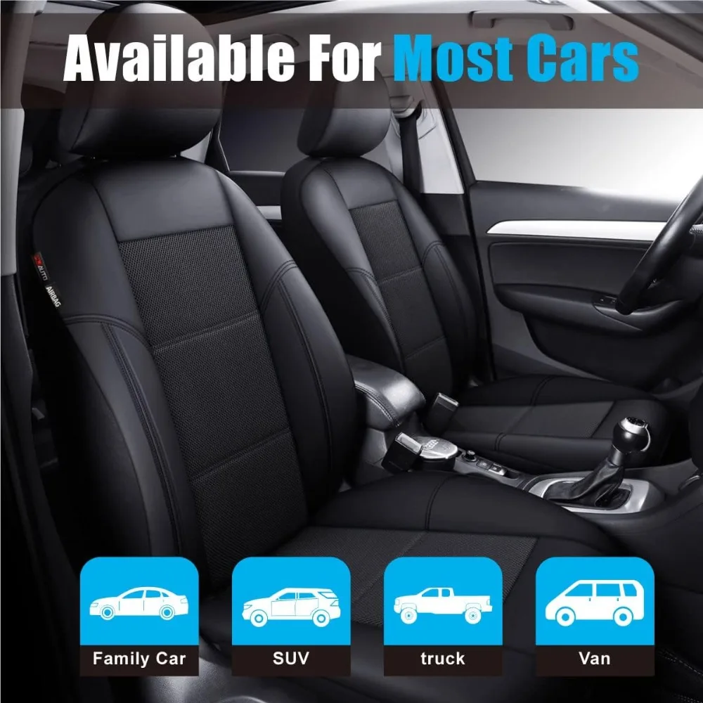 مجموعة كاملة من غطاء مقعد السيارة من الجلد والشبكة من P&J مكونة من 9 قطع مناسبة عالميًا لسيارات السيارات والشاحنات وسيارات الدفع الرباعي وسائد هوائية متوافقة (أسود) #2