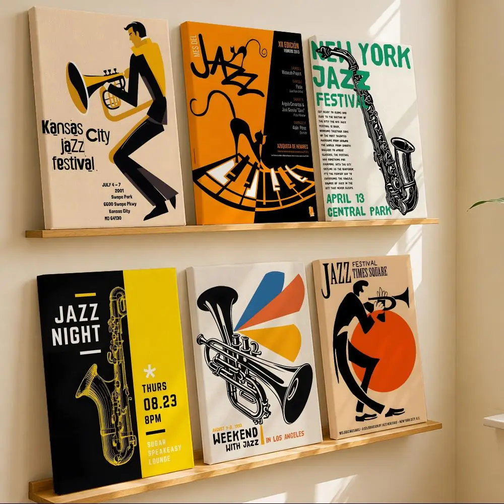 Vintage Swiss Jazz Music Festival Framed Wall Painting Canvas Art Poster with Solid Wood Frame for Living Room Home Decor