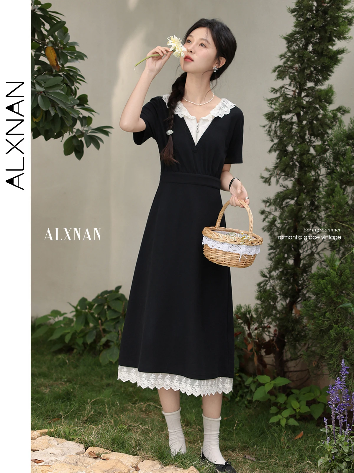 ALXNAN Plus Size Damen Schwarzes Kleid Langes elegantes Spitzen-Patchwork-Midikleid 2025, Sommerurlaub, Baumwolle, Damenbekleidung D10173