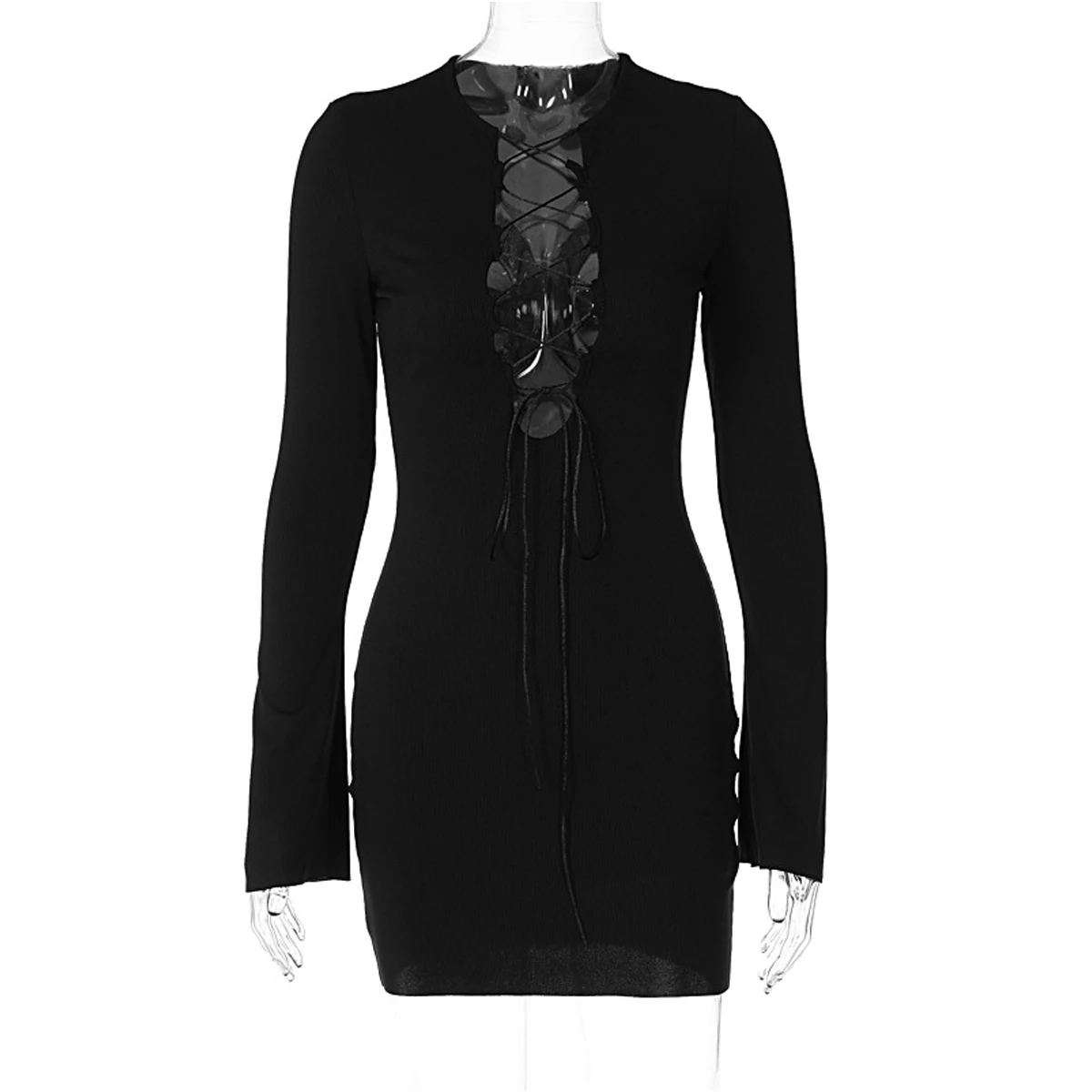 

Элегантное однотонное мини-сексуальное платье с v-образным вырезом и длинными рукавами, экологически чистая упаковка