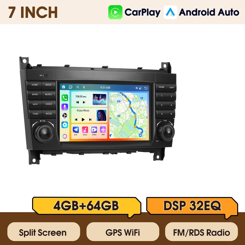 Podofo 7'' 4+64G Autoradio für Mercedes-Benz W203, Multimedia-Player mit Carplay, Android Auto, WLAN, GPS, FM, RDS