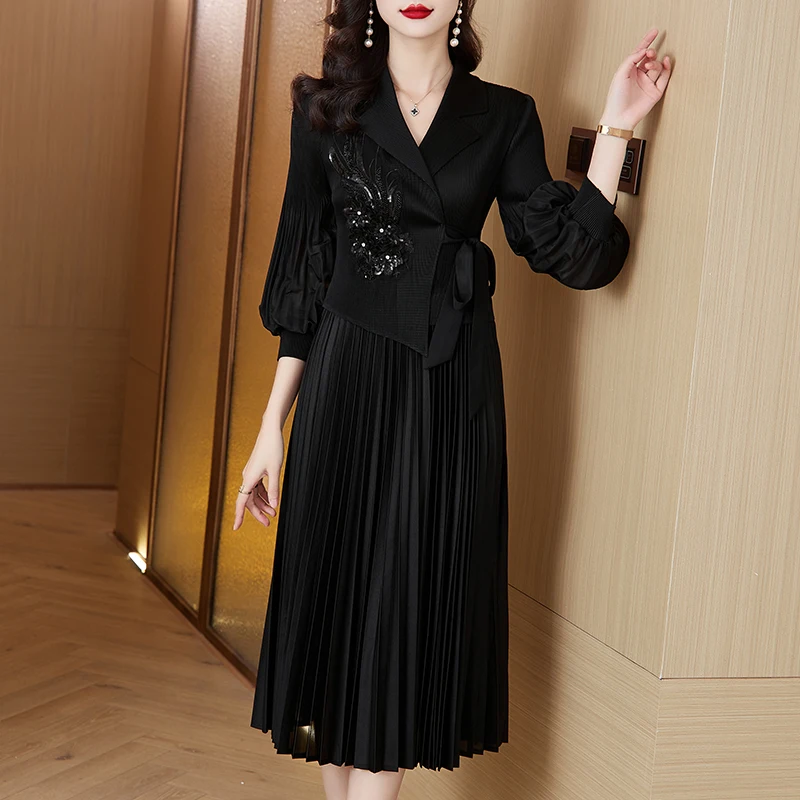 Magic Skirt 2024 Spring New Folded Mid length Long sleeved Dress 3D Flower Decoration Slimming Knee Length Dress Robe