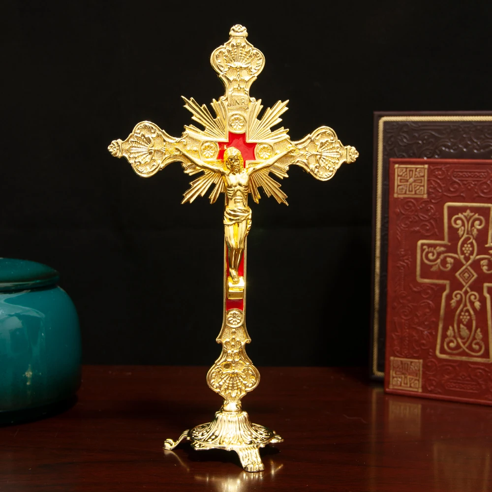 HTISOK Katholisches Jesus-Kreuz, stehendes katholisches Kreuz, katholisches Tischornament aus Zinklegierung, Geschenk für Freunde – Detail 12