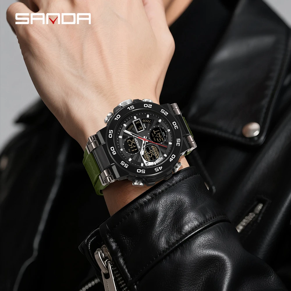 SANDA 6312 ساعة إلكترونية رياضية عصرية متعددة الوظائف مجسمة عرض مزدوج العد التنازلي الترفيه الأعمال ساعة رجالي #6