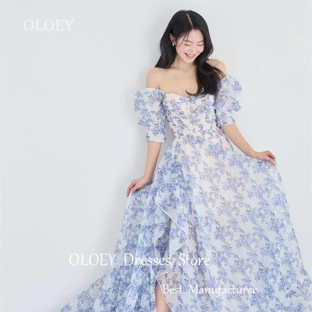 

OLOEY Lavender Floral Prom Dress Korea Wedding Phothshoot Off Shoulder A Line Bridal Gown Side Slit Floor Length Ruffles Custom