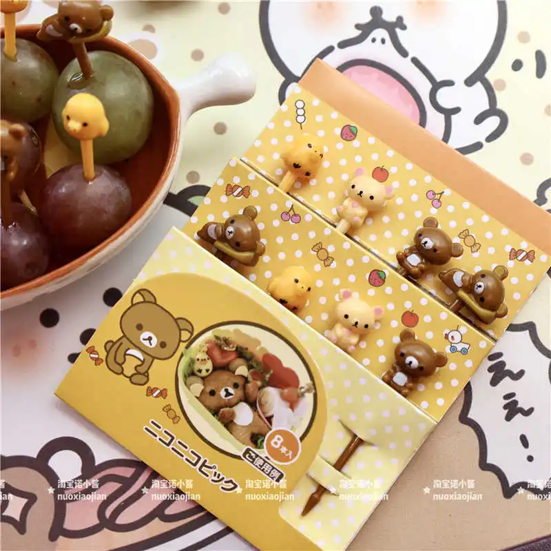Nette 8er-pack Rilakkuma Mini Puppe Kunststoff Obst Dessert Gabel Ornamente Nette Kiiroito Hause Geburtstag Party Dekoration Obst gabel Neue