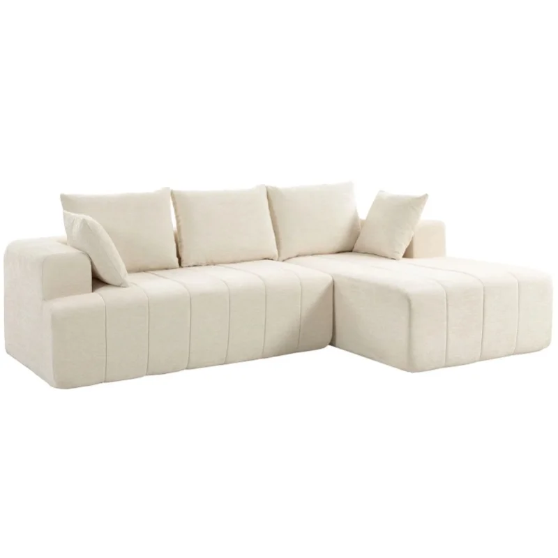 Beżowa, zawiązana w kształcie litery L sofa z elementem wypoczynkowym, szerokim siedziskiem i dużymi podłokietnikami, trzyosobowa sofa narożna do salonu, nowoczesne meble do domu. — 2