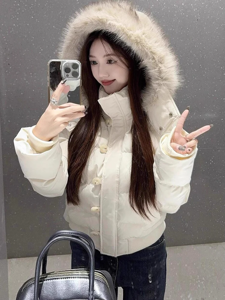 Short Thickened Cotton Jacket Women's Warmth Collar Coat Korean Style Commute Straight Tube Long Sleeve Zipper Pure Color