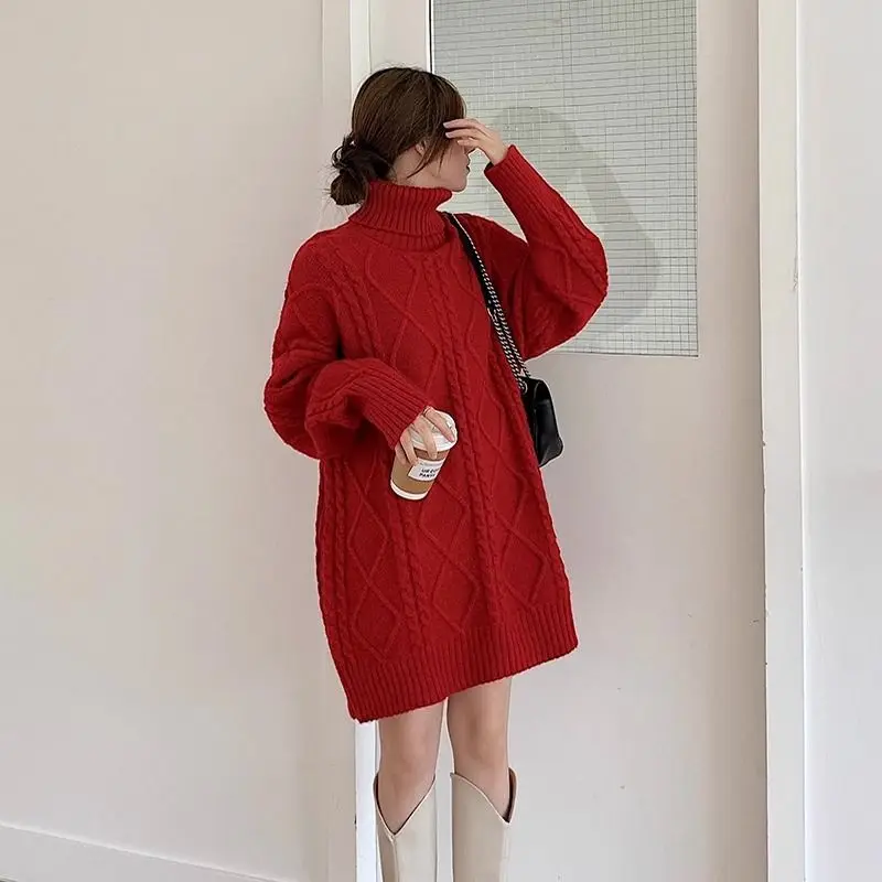 Loose Hig Neck Knitwear Women's Autumn Winter New Style Medium Length Plus Size Belly Cover Slimming Trendy Base Layer Top M86