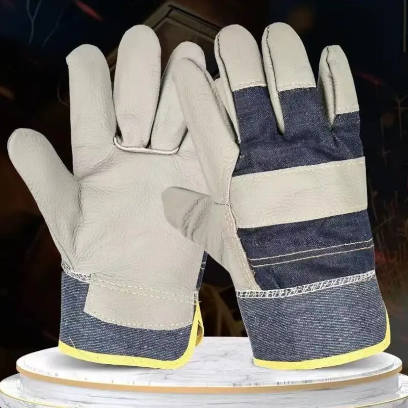 ~New 1 Pair Wear-resistant Welder Maintenance Gloves Cowhide Denim Gloves Double Thickened Protective Labor Protection Gloves