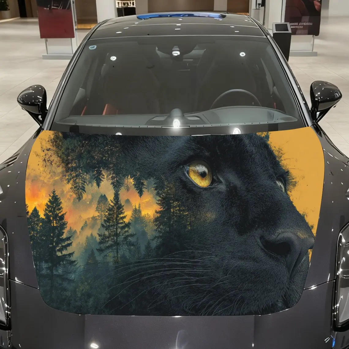 

Orange Flame Forest Yellow - Eyed Panther Car Vinyl Wrap, PVC Material Waterproof Car Hood Sticker, Self-Adhesive Scratch-Resist