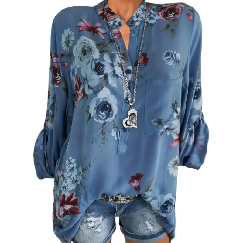 Camicia stampata a maniche lunghe pull-up con scollo a V alla moda da donna taglie forti Camicetta casual con colletto in piedi da donna