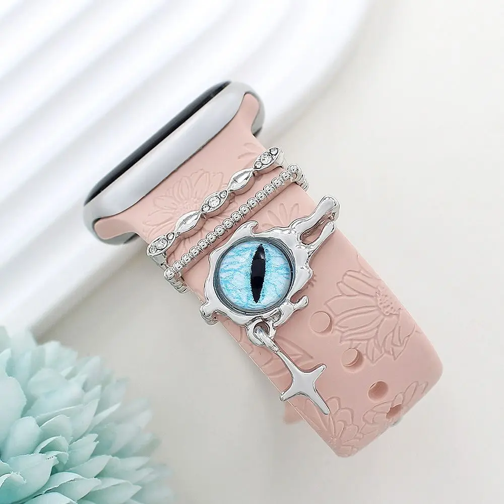 สายรัดโลหะตกแต่งแหวนเครื่องประดับเพชรสร้อยข้อมือตกแต่งตาสีฟ้า Charms เครื่องประดับสําหรับ Apple Watch Band