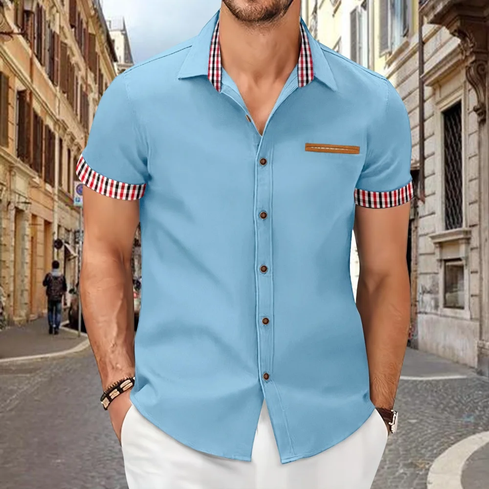 

2025 summer new men's street fashion short-sleeved shirt color plaid pocket lapel business slim casual top cardigan