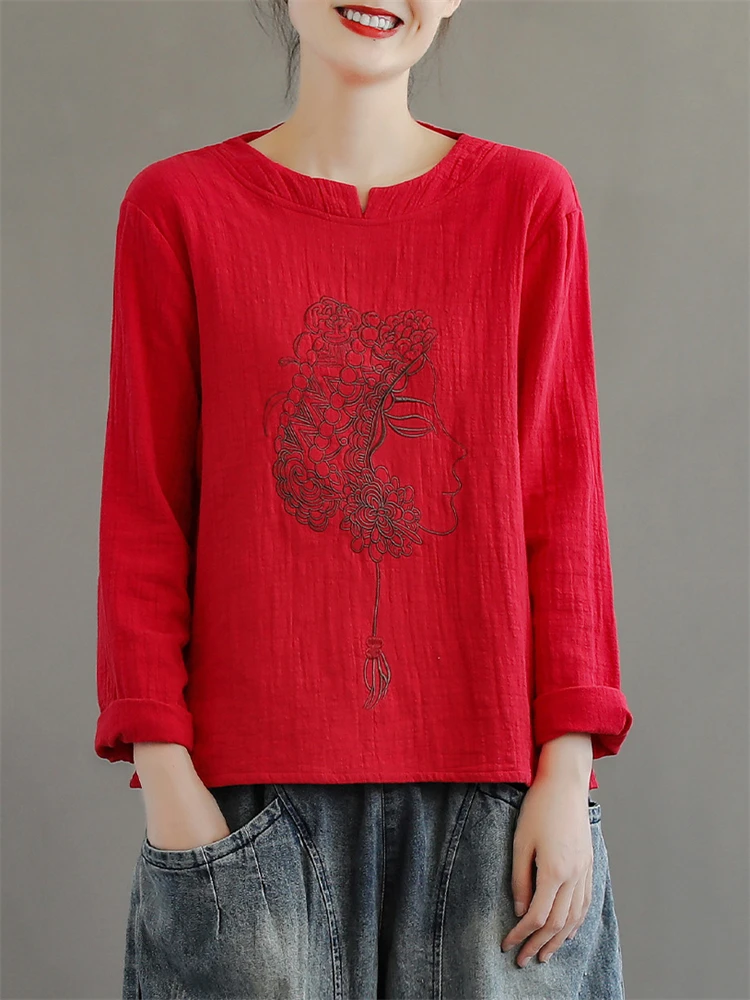 

Women's Chinese Style Pleated Embroidery Fashion Cotton Linen T-shirt Long Sleeve O-neck Vintage Pullover Tees Loose Casual Tops