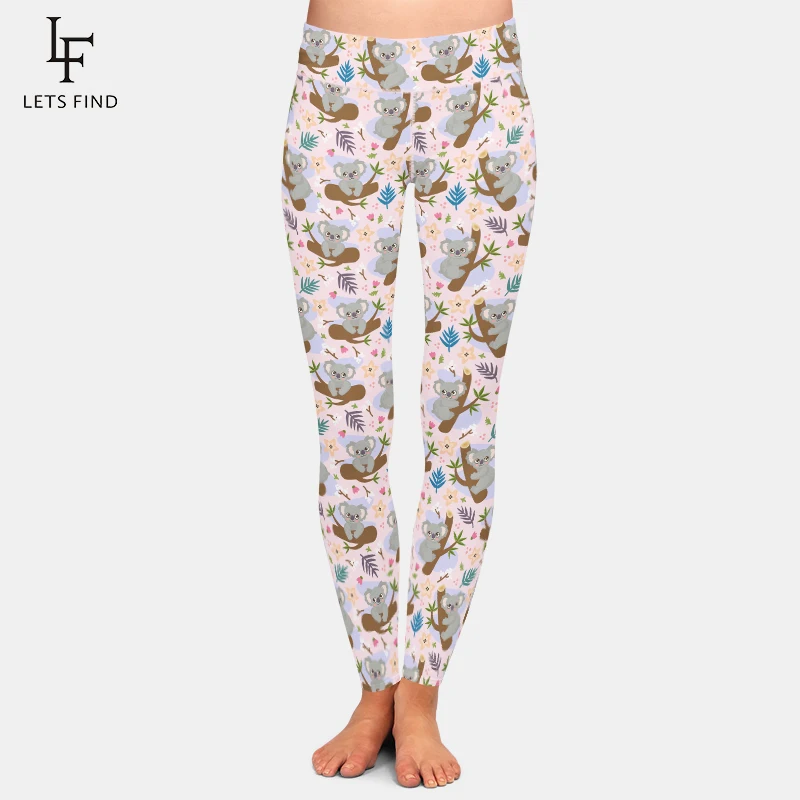 Letsfind inverno moda feminina leggings bonito mão desenhada coala e flores imprimir cintura alta feminino macio silm leggings